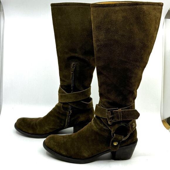 POLLINI Way-out Olive Suede Buckle Riding Boots - Picture 5 of 10